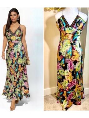 Vintage Zum Zum Satin Paisley Beaded Slip Maxi Dress Open Back Y2K Sz 3/4 💛